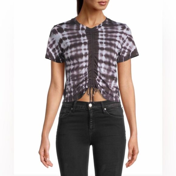 MONROW Cropped Tie Dye Babydoll Tee Short Sleeve Drawstring‎ Gray Size XS New - Picture 1 of 8